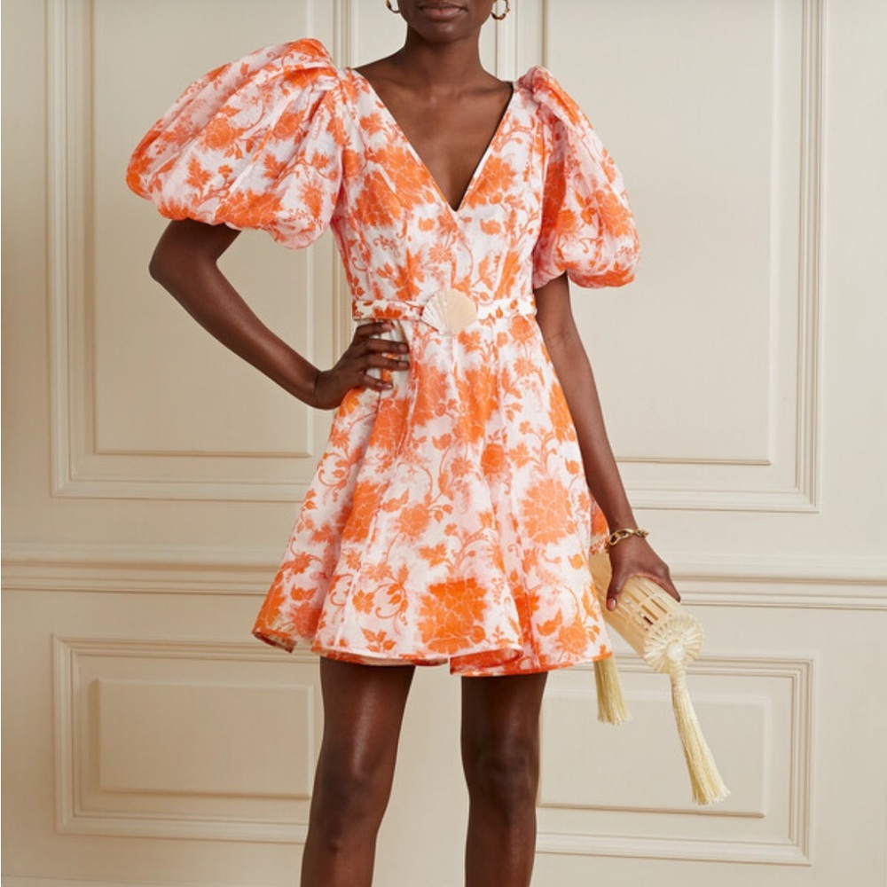 NWT! Zimmermann Postcard Orange and White Belted Puff Sleeve Mini Dress